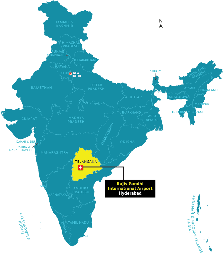 India Map Highlighting Telanganaand Rajiv Gandhi International Airport