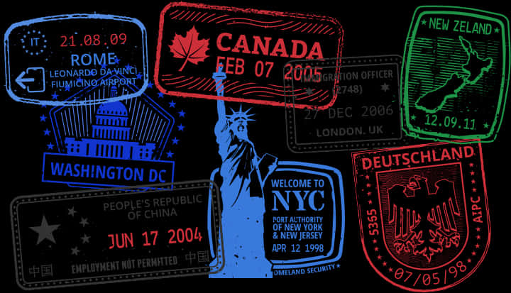 International Passport Stamps Collage PNG image with a transparent background, free high-resolution download
