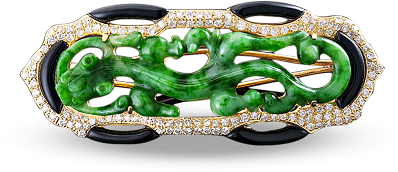 Jade Dragon Gold Diamond Brooch PNG with transparent background