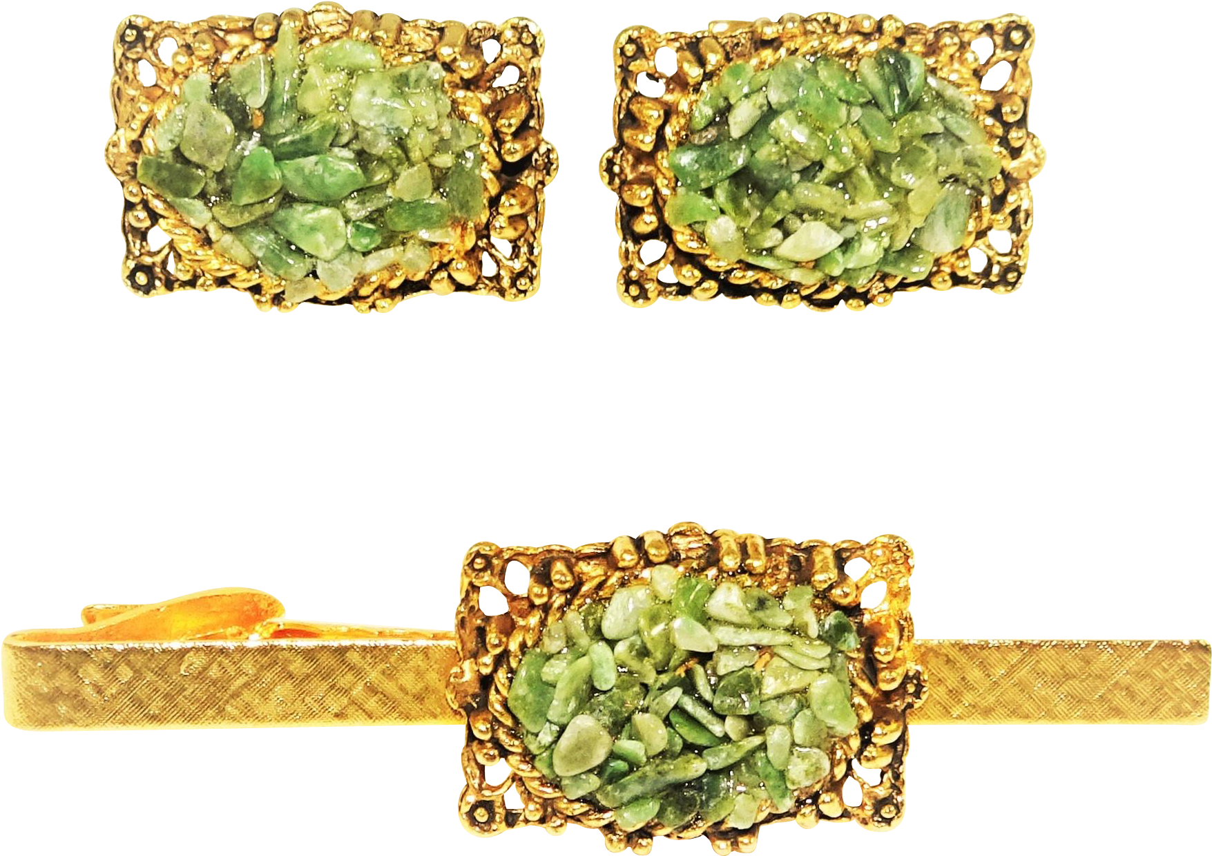 Jade Encrusted Golden Cufflinksand Tie Clip PNG with transparent background