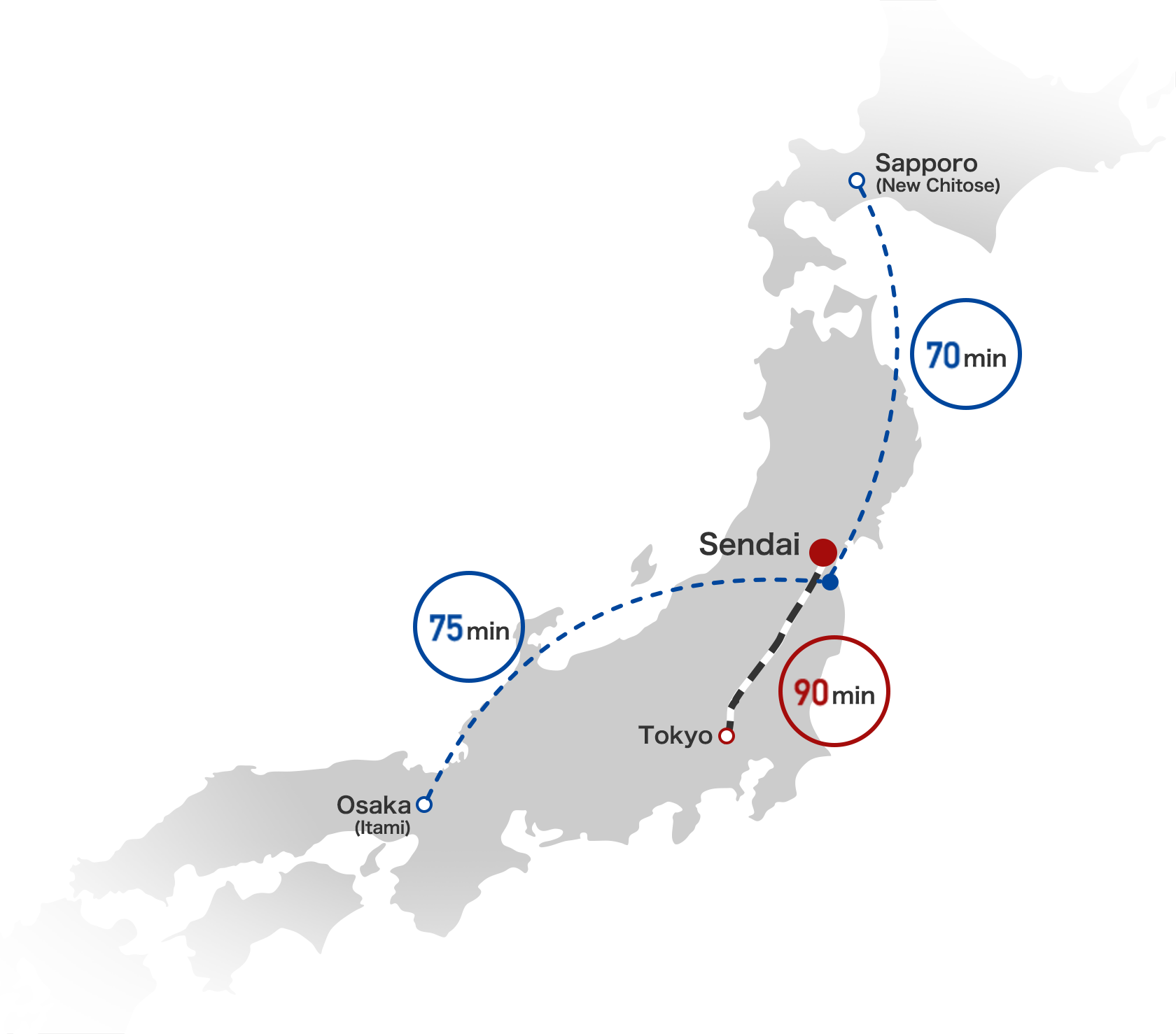 Japan Domestic Flight Durations Map PNG with transparent background