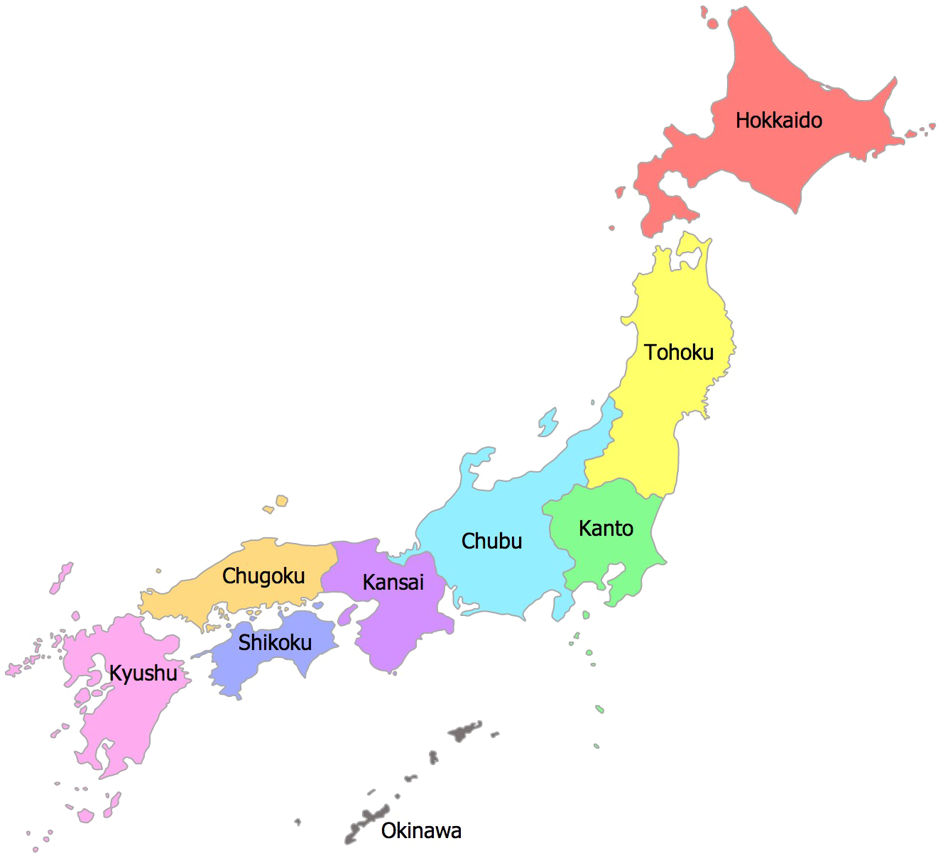 Japan Regions Map Color Coded PNG with transparent background