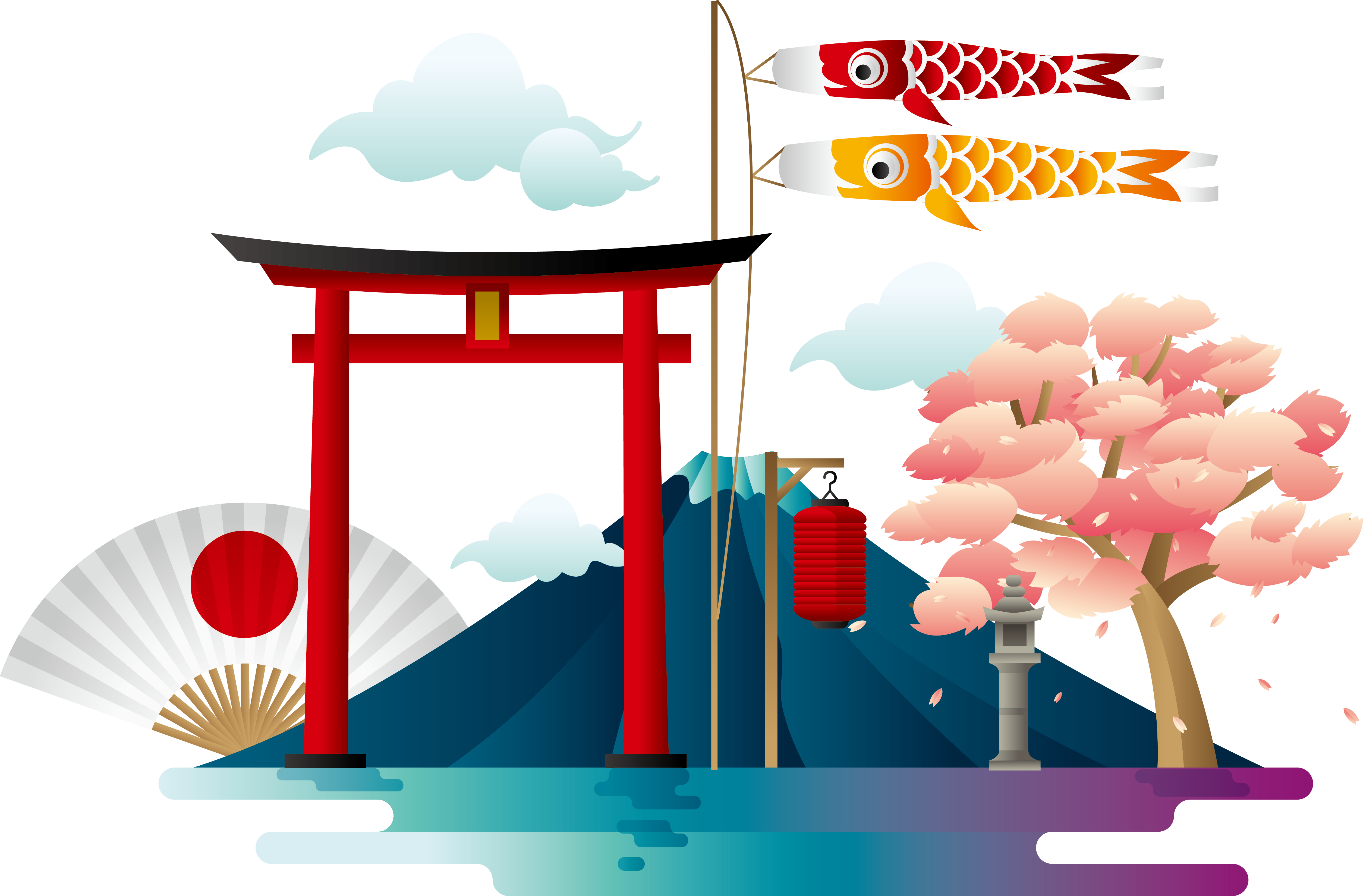 Japanese Cultural Symbolswith Mount Fuji Background