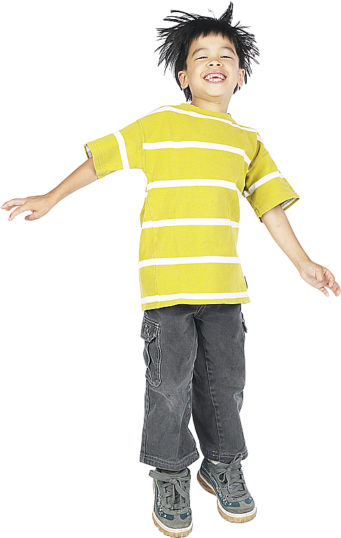 Joyful Boy Jumping In Striped Shirt PNG with transparent background