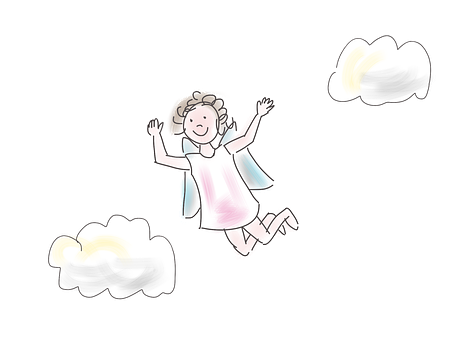 Joyful Cartoon Angel Flying Among Clouds