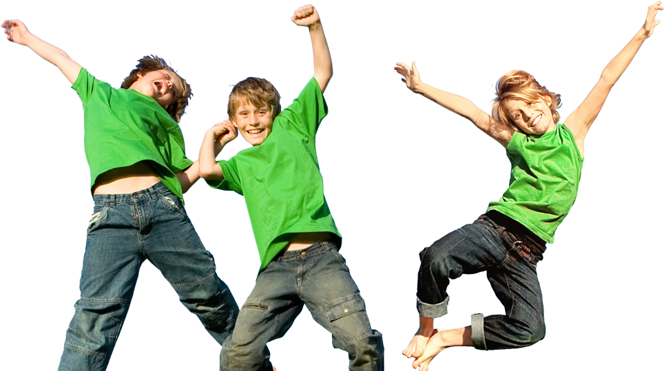 Joyful Kids Jumping In Green Shirts