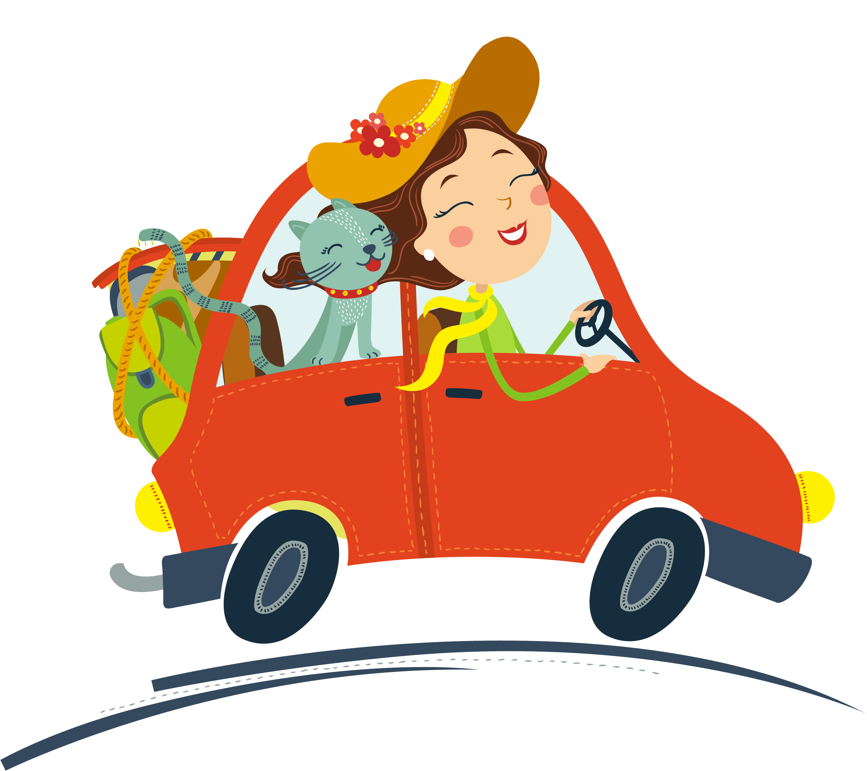 Clip Art Cartoon Car On Road - Cat In A Car Cartoon, HD Png Download PNG with transparent background