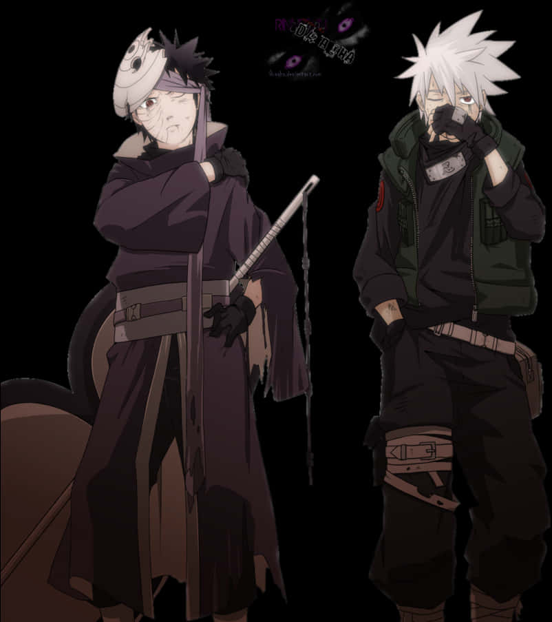 Kakashi Dual Poses Anime Artwork PNG with transparent background