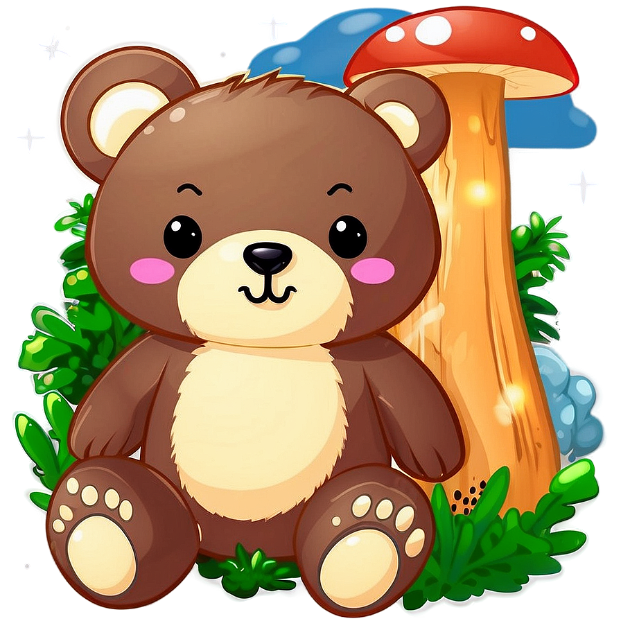 Kawaii Bear And Mushrooms Png Axm33