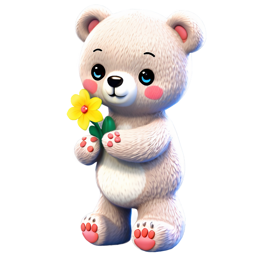 Kawaii Bear Holding Flower Png 06292024