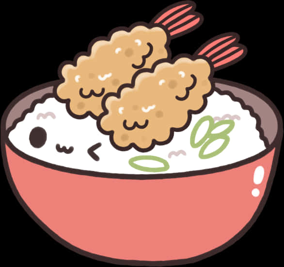 Kawaii Tempura Rice Bowl Cartoon PNG with transparent background