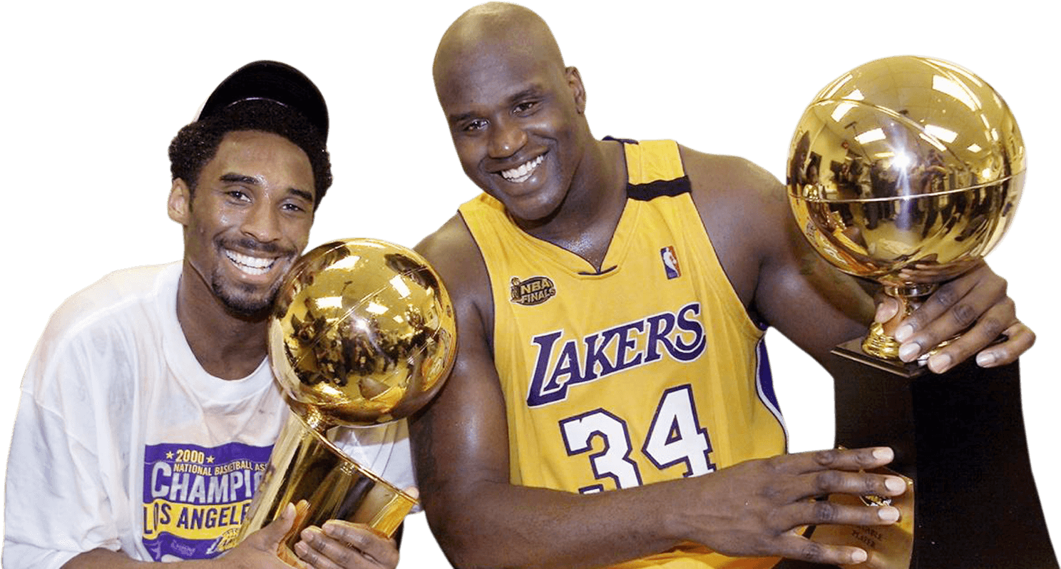 Kobeand Shaqwith N B A Championship Trophies