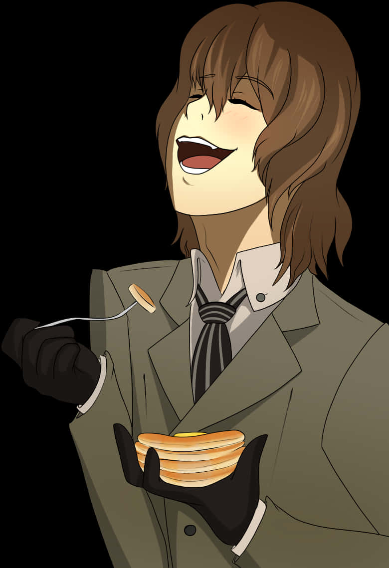 Laughing Anime Character Holding Pancakes