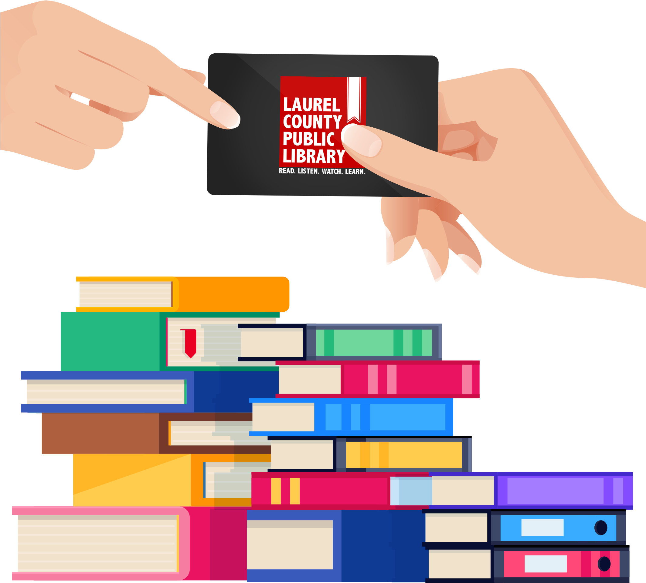Library card handover above book pile PNG image with a transparent background, free high-resolution download
