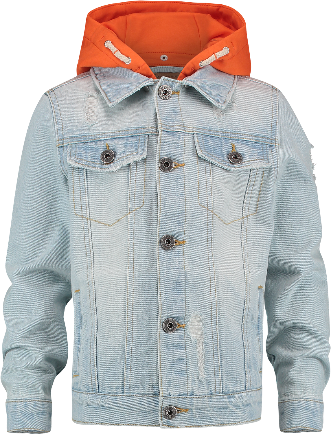 Light Wash Denim Jacketwith Orange Hood PNG with transparent background