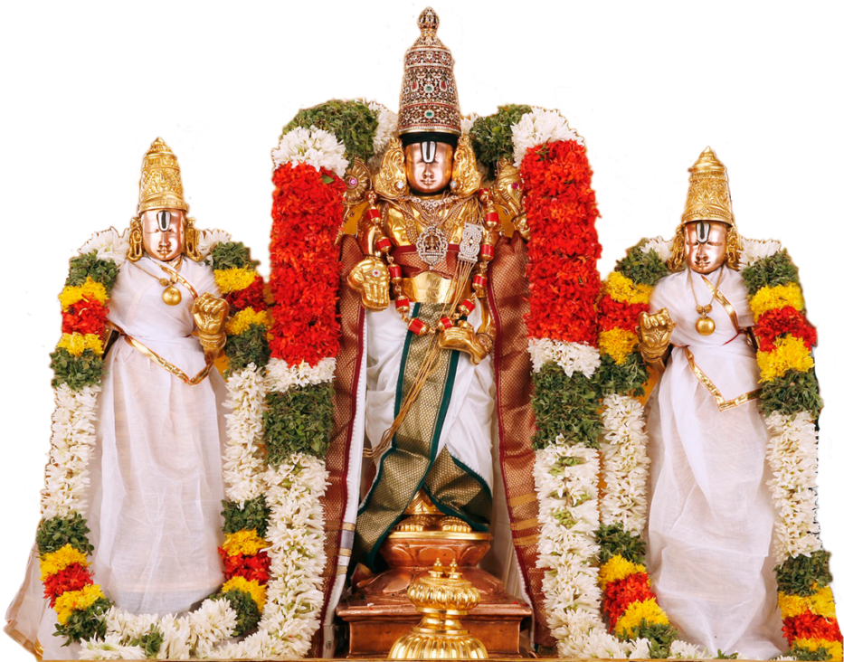 Lord Venkateswaraand Consorts Adornedwith Flowers