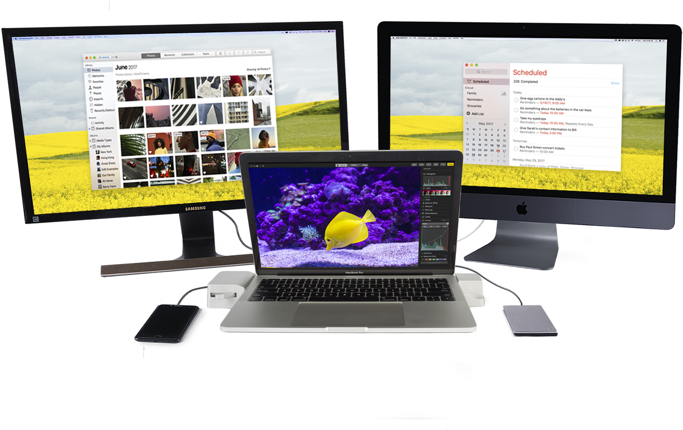 Macbookand Monitors Setup PNG with transparent background