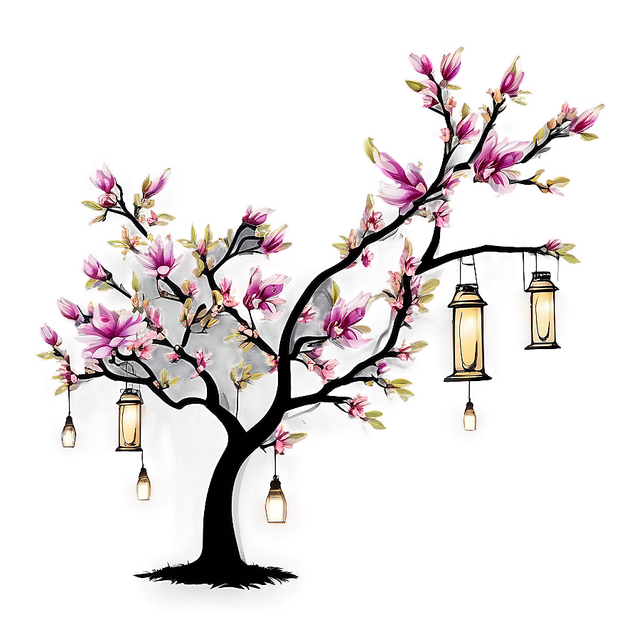 Magnolia Tree With Hanging Lanterns Png Yxf