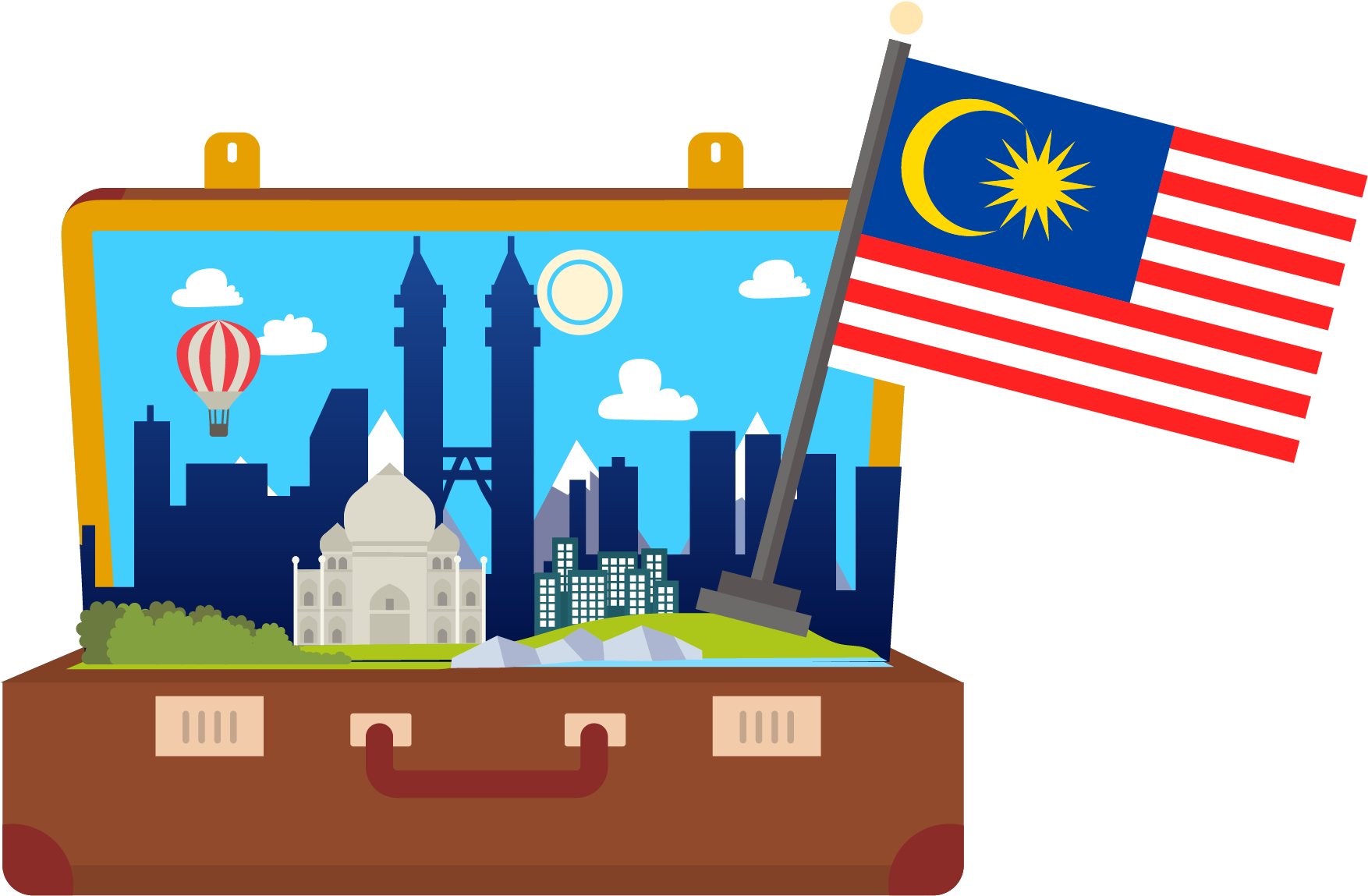 Malaysia Travel Concept Suitcase PNG with transparent background