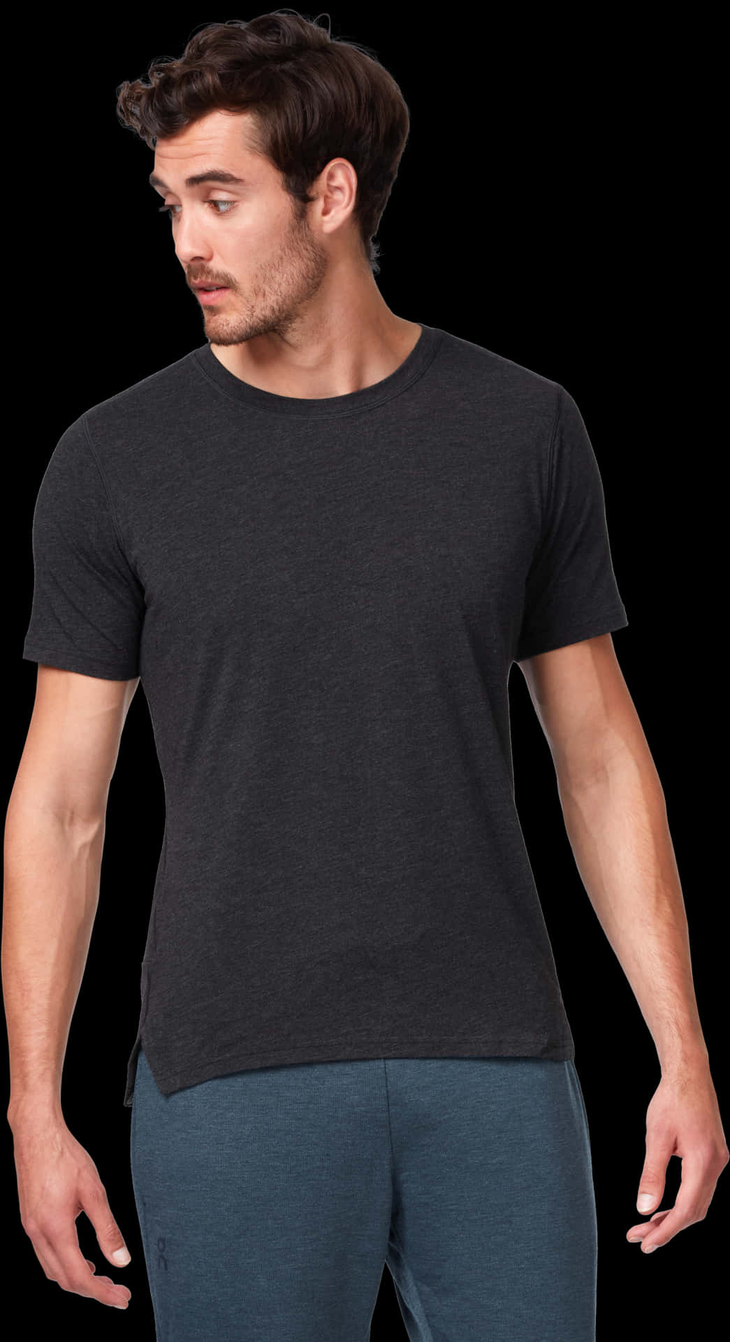 Manin Black T Shirt Looking Aside