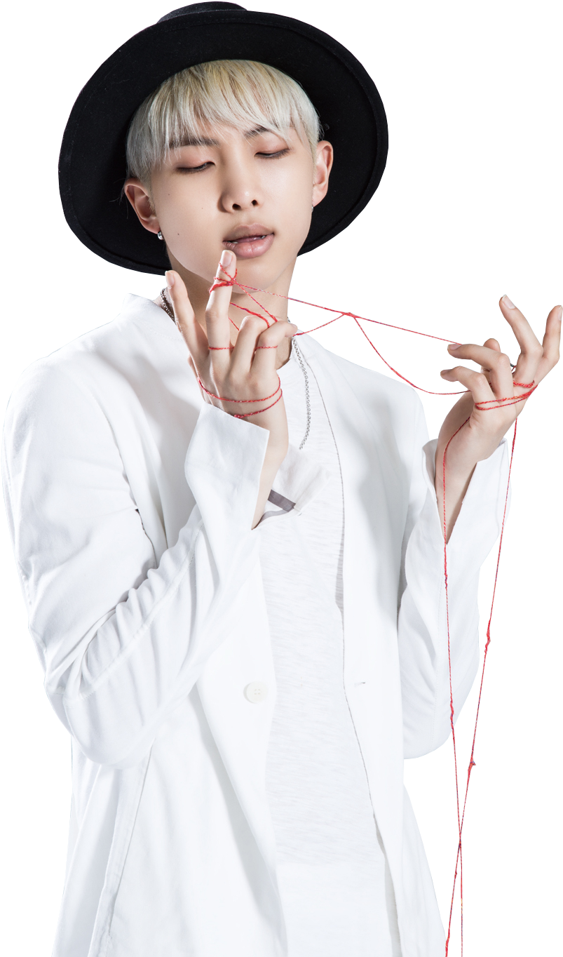 Manin Whitewith Black Hatand Red String