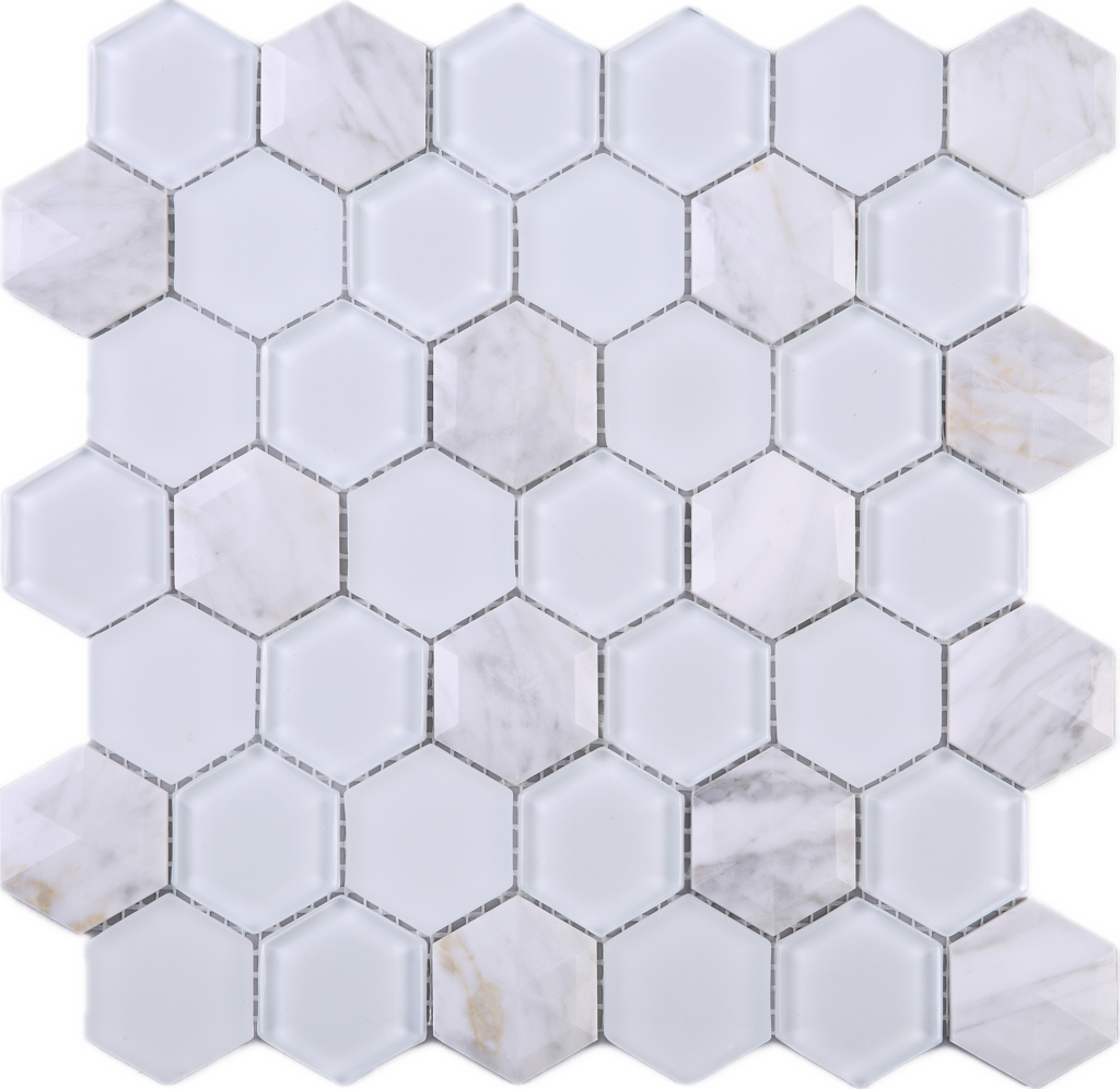 Hexagon White Carrara & White Glass Mosaic Tile- Multile - 3d Hexagon Mosaic, HD Png Download PNG with transparent background