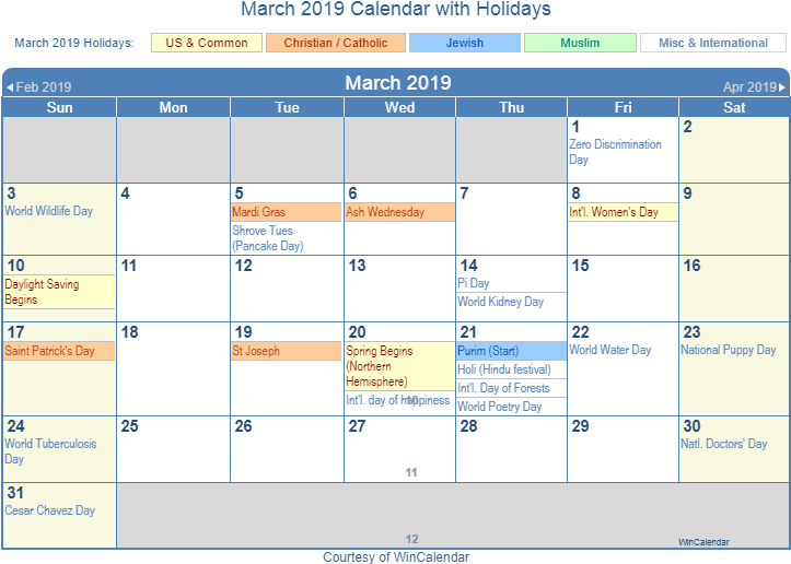 March2019 Calendarwith Holidays