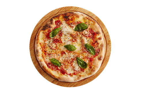 Margherita Pizzaon Wooden Board PNG with transparent background