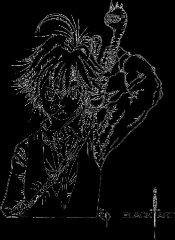 Meliodas Black Outline Art PNG with transparent background
