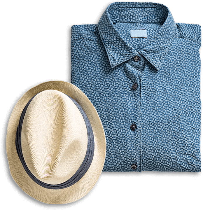 Mens Blue Patterned Shirtand Straw Hat