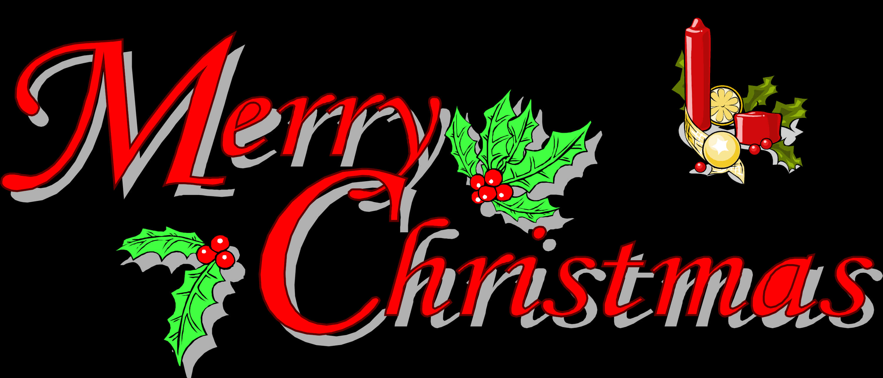 Merry Christmas Red Text Holly Decoration PNG with transparent background