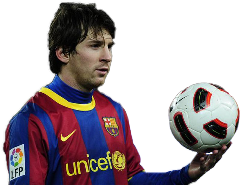 Messi_ Barcelona_ Uniform_ Holding_ Soccer_ Ball.png PNG with transparent background