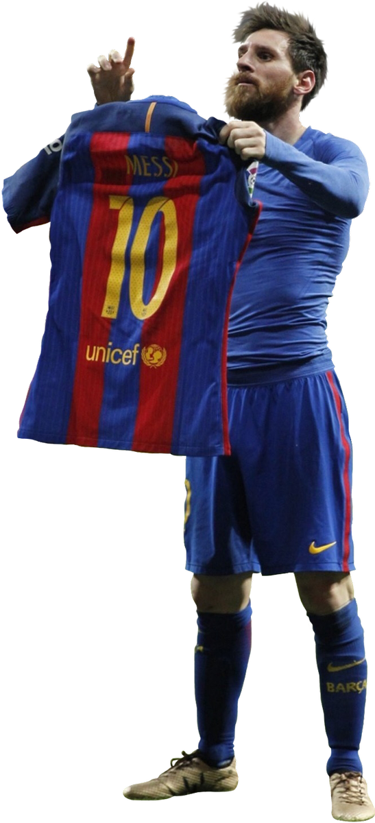 Messi Holding Barcelona Jersey PNG with transparent background