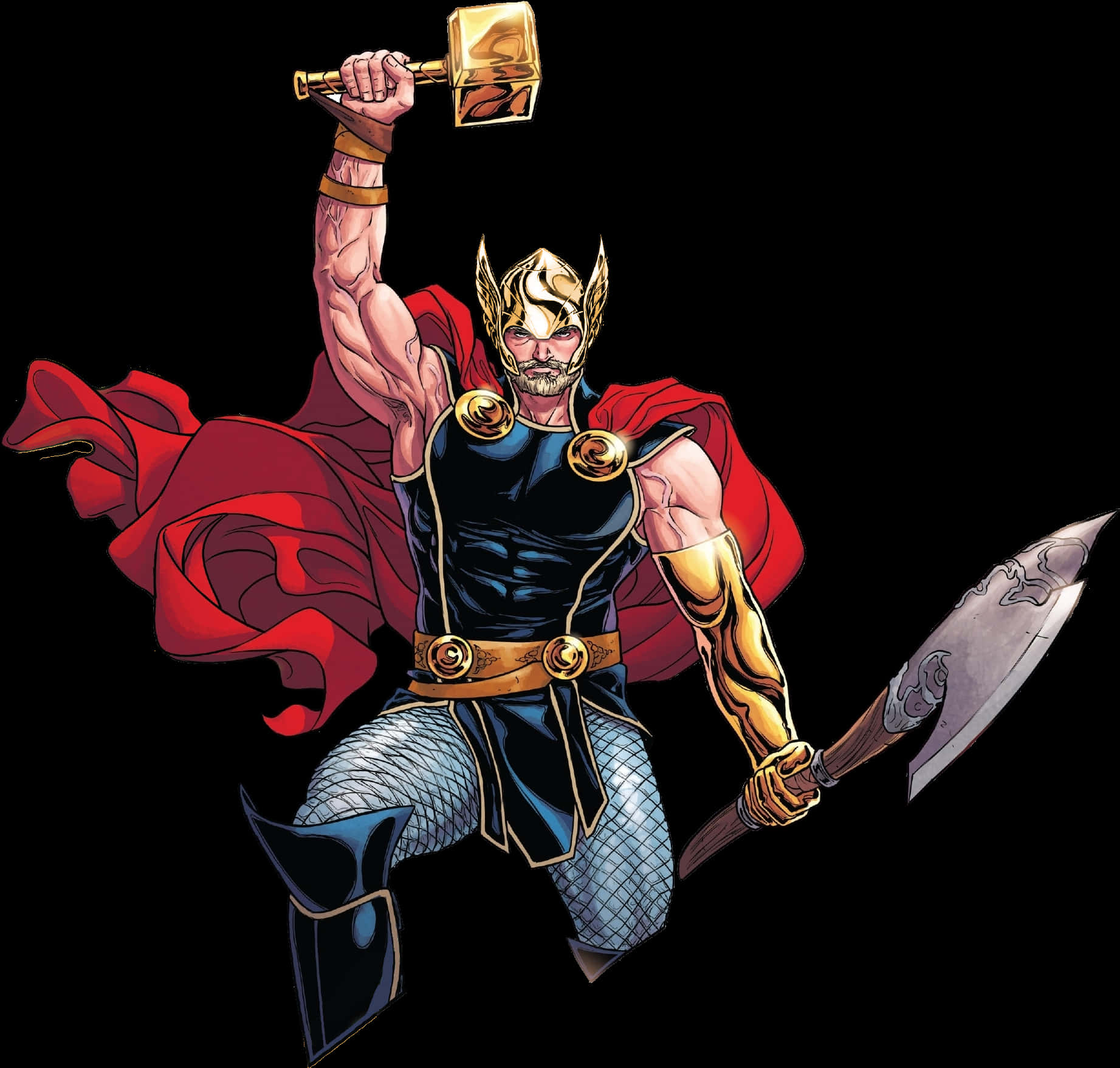 Mighty Thor With Mjolnirand Axe PNG with transparent background