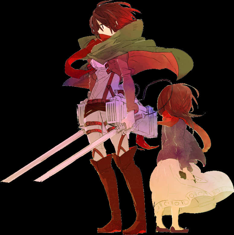 Mikasaand Young Version Illustration PNG with transparent background