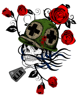 Military Skullwith Rosesand Dog Tag PNG with transparent background