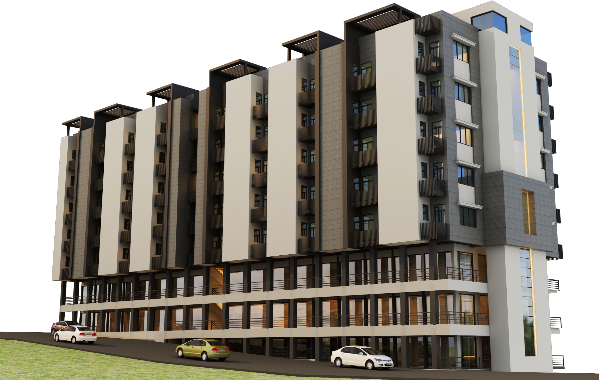 Modern Apartment Complex Rendering PNG with transparent background