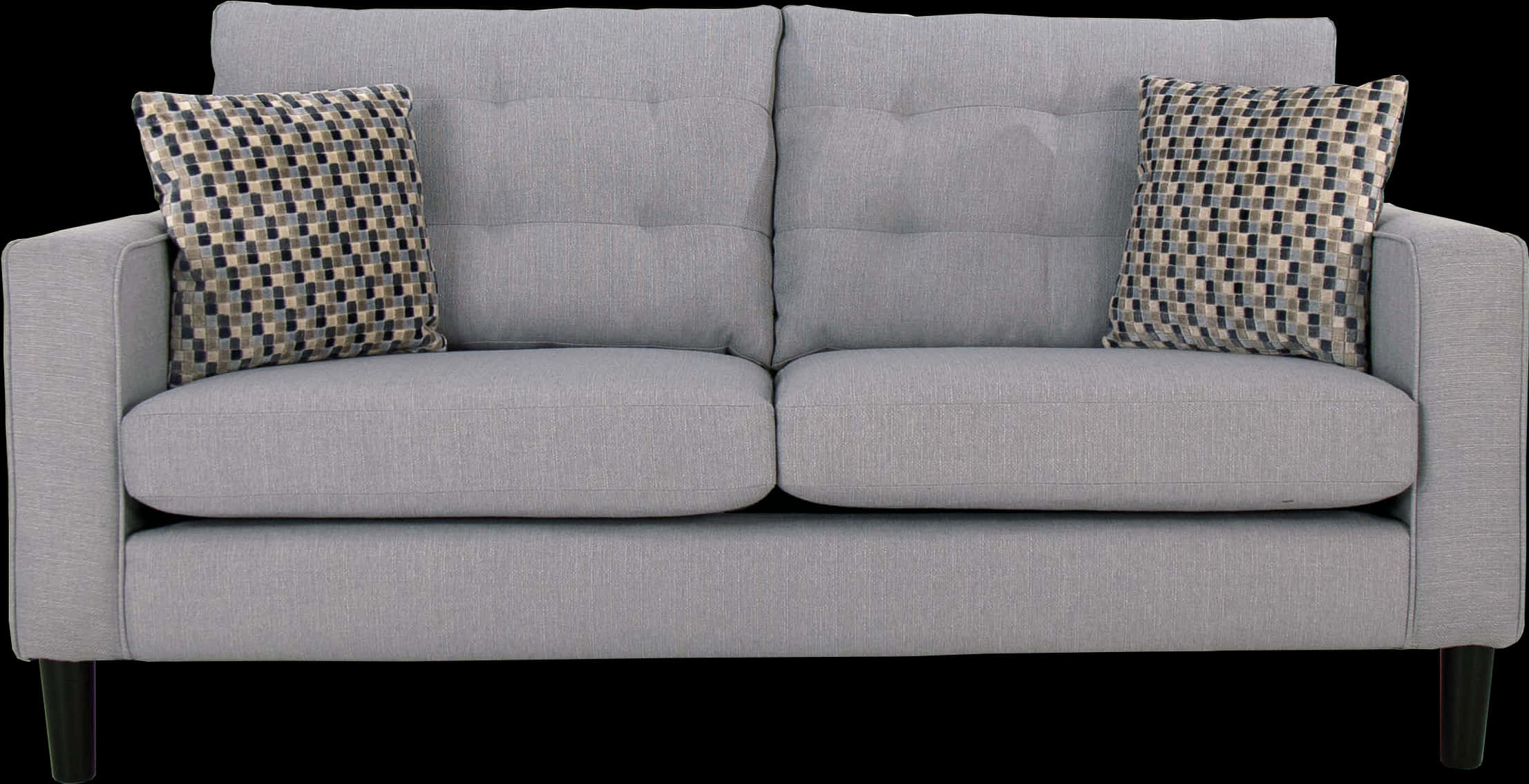 Modern Gray Couchwith Patterned Pillows PNG with transparent background