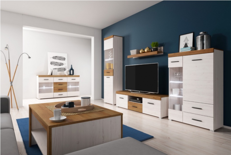 Living Room Furniture Falco Wall Unit Set Oak/ White - Oak And White Living Room Furniture, HD Png Download PNG with transparent background