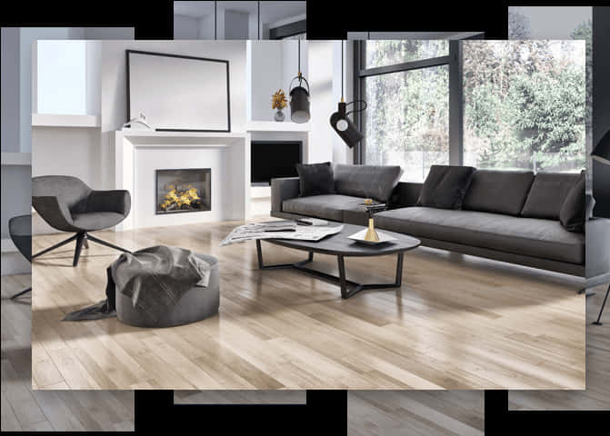 Modern Living Roomwith Wood Flooring PNG with transparent background