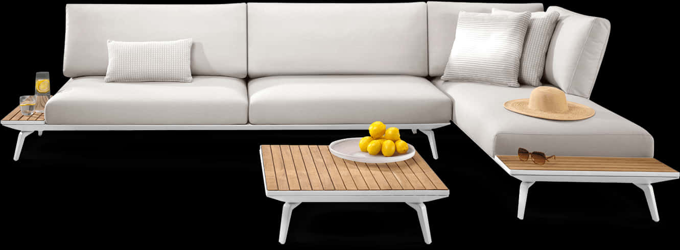 Modern White Sectional Sofaand Coffee Tables PNG with transparent background