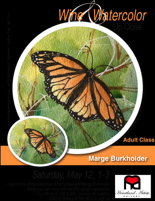 Monarch Butterfly Watercolor Class Flyer PNG image with a transparent background, free high-resolution download