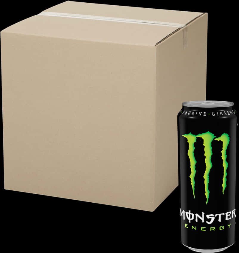 Monster Energy Drink Can Beside Cardboard Box PNG image with a transparent background, free high-resolution download