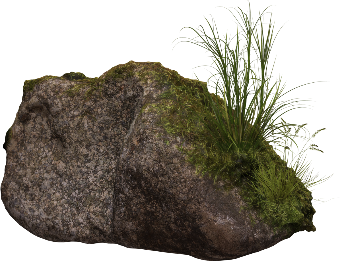 Mossy Rockwith Grass Clump PNG with transparent background