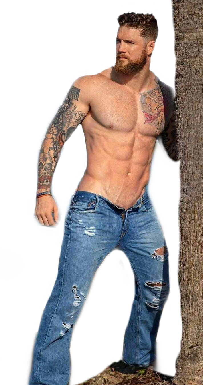 Muscled Tattooed Man Leaning Against Tree