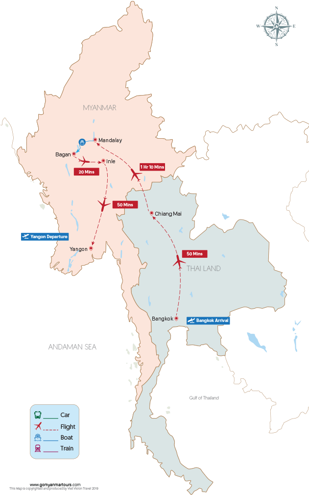 Myanmar Thailand Travel Route Map PNG with transparent background