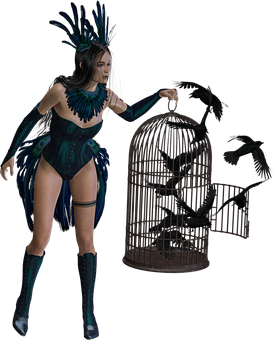 Mystical_ Crow_ Guardian_and_ Cage PNG with transparent background