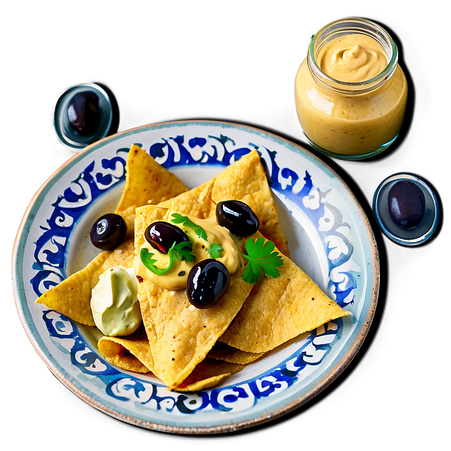 Nachos with Hummus and Olives PNG ege PNG with transparent background