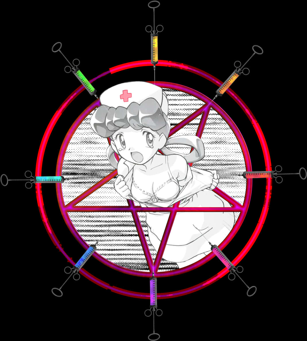 Nurse Character In Pentagram With Syringes