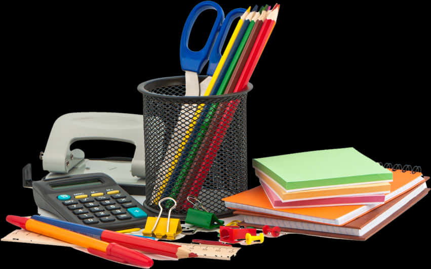 Office Supplies Collection Black Background PNG with transparent background